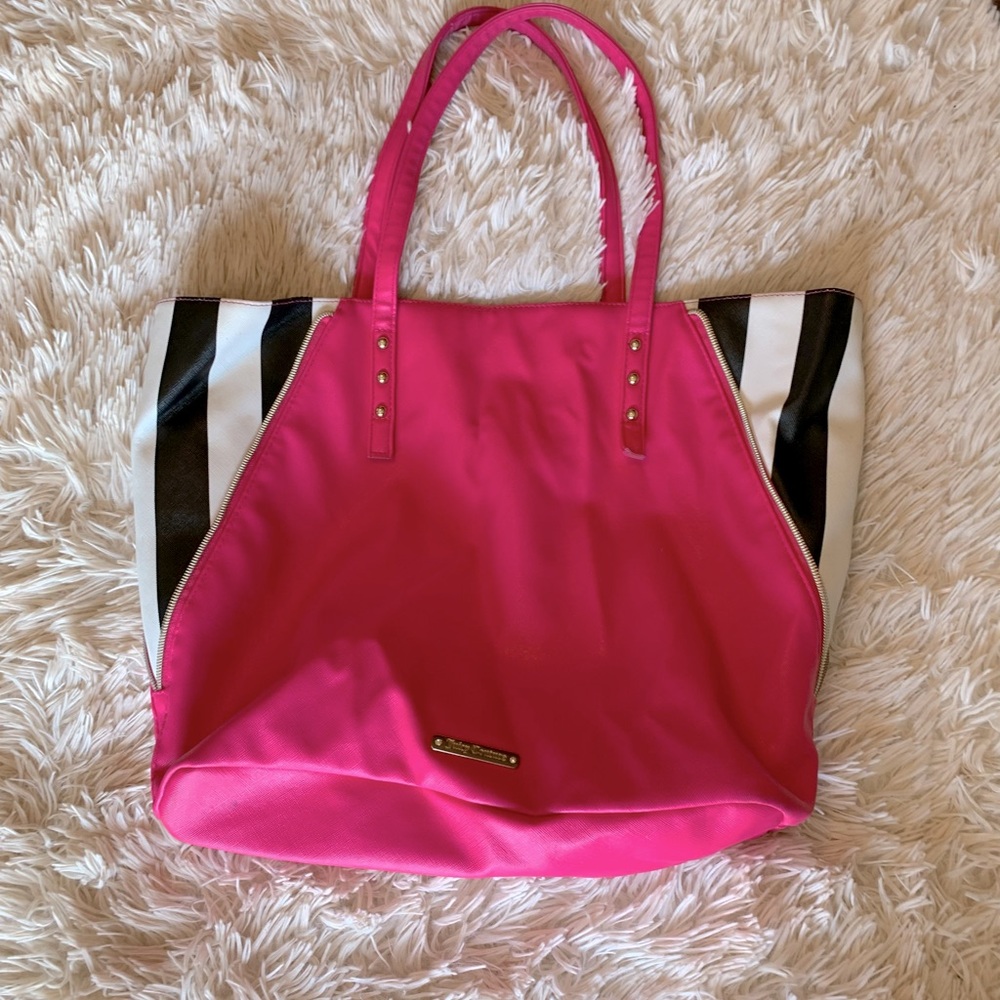 Juicy Couture Travel Shoulder bag pink and white black white stripes with snap.